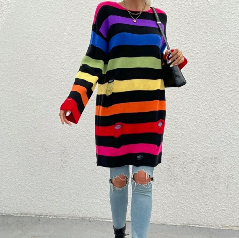 Drop Shoulder Rainbow Striped Pattern Sweater Dress - Picture 2 of 11
